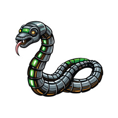 A robotic snake with a segmented metal body and glowing green eyes.
