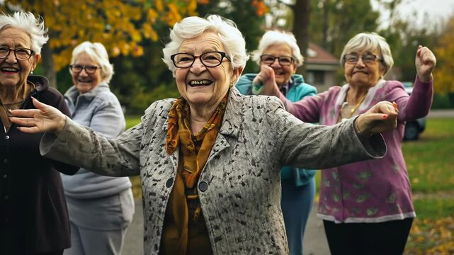 Elderly women enjoying a joyful walk in a park during autumn with colorful leaves