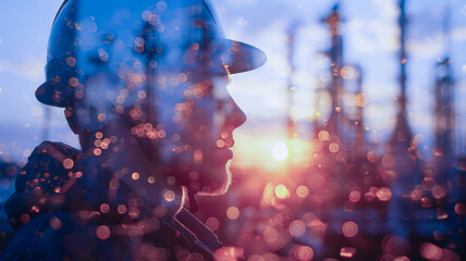 Banner Petrochemical oil AI technologies, gas electricity engineering project devotion with double exposure design. Toning blue and sunlight color.