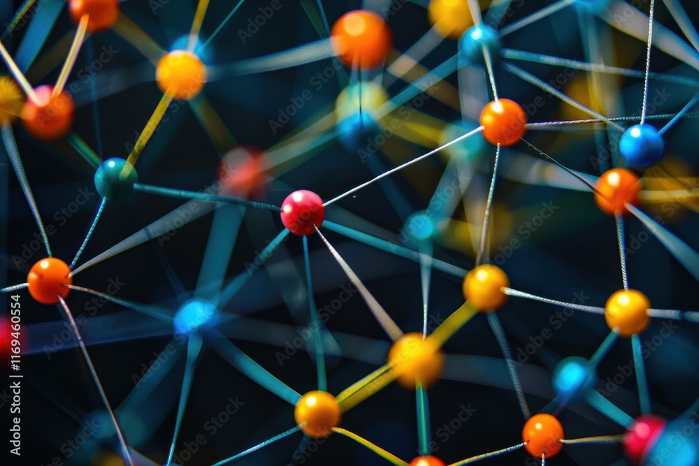 Aufkleber Colorful molecular structure illustration showcasing interconnected atoms and bonds in a dynamic web design