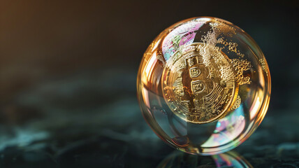 Financial economic bubble bitcoin. Cryptocurrency on background of stock exchange charts line.