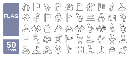 Set of 50 line icons related to flag, win, achievement, finish, location, glory, success, event, waving, pennant, Editable stroke. Vector illustration