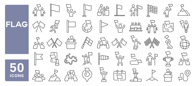 Set of 50 line icons related to flag, win, achievement, finish, location, glory, success, event, waving, pennant, Editable stroke. Vector illustration
