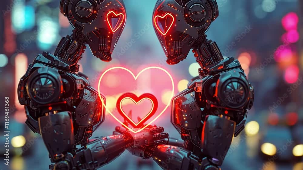 Poster two futuristic robots hold a glowing heart in their hands, symbolizing love and connection.