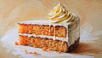 Illustration of delicious Slice of Carrot Cake with Cream Cheese Frosting. AI Generated.