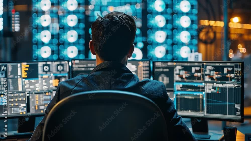 Poster A skilled professional analyzes intricate data on multiple screens in a high-tech control room.