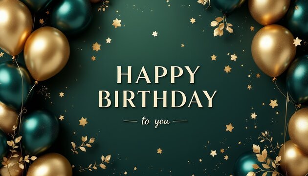 Elegant Happy Birthday Greeting Card with Gold and Emerald Balloons