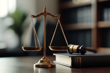 Golden scales of justice with gavel and law book on desk. Legal concept for attorneys, courts, and judicial system. Professional law office background with copy space