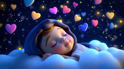 3D animation style of a baby sleeping with night lights and stars during night time. A cute baby wearing a white cap hat on its head, sleeping under a blanket, 