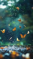 Fototapeta premium Elegant Butterflies in Rainfall with Splashes and Soft Background