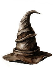 Vintage wizard hat, whimsical design, watercolor illustration, fantasy theme, magical accessory, artistic representation.
