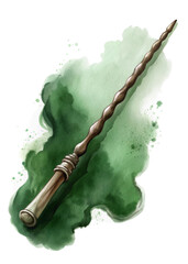 Magical wand illustration, fantasy art style, green watercolor background, mystical theme, enchanting design.