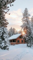 Cozy Wooden Cabin Surrounded by Snowy Forest at Sunset