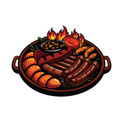 Vector illustration of Argentine Asado with beef ribs, sausages, and chimichurri sauce.