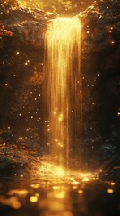 Fototapeta premium Enchanting waterfall cascading through a lush forest its waters shimmering with a warm golden glow as sunlight filters through the trees creating an otherworldly dreamlike atmosphere
