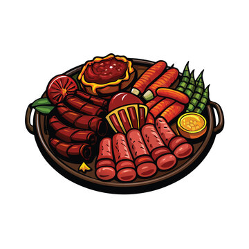 Vector illustration of a platter of Argentinian Asado, featuring beef ribs and other traditional accompaniments.