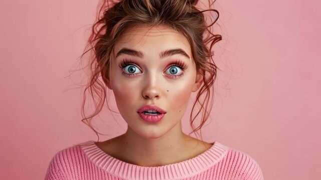 A woman in a pink sweater on a pink background with tied hair and raised eyebrows speaks with wide eyes, expressing surprise.