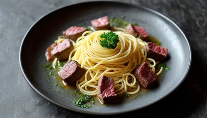 Delicious Kokkinisto Beef Slices Served with Spaghetti and Fresh Herbs on Dark Plate