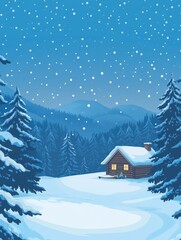 Snowy Winter Cabin nestled in a mountainous forest landscape