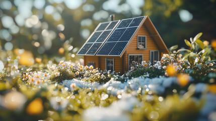 Eco-Friendly Tiny House with Solar Panels in Blooming Garden 