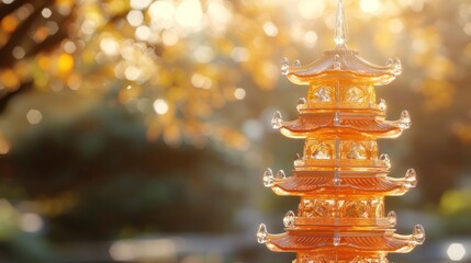 Fototapeta premium Majestic multi tiered pagoda tower reflected in the calm still waters of a lake or pond at sunset The traditional Asian architecture is surrounded by a lush scenic landscape with a serene