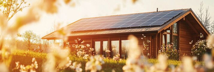Wooden Cabin with Solar Panels in Springtime 