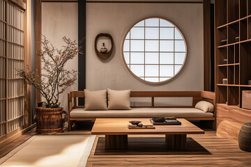 small living room with a round window and a couch. The room has a minimalist design with a few decorative elements such as a potted plant and a bowl. The atmosphere of the room is calm and serene