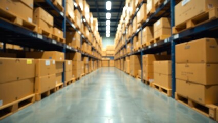 Defocus background of warehouse with cardboard boxes. Blur Storage warehouse shelves background. Parcel delivery service, storage room or industrial warehouse