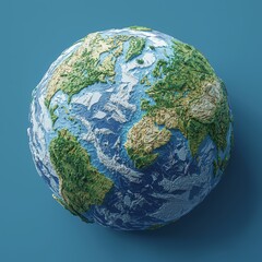 Fototapeta premium Detailed 3D rendered globe showing continents with realistic relief and top features