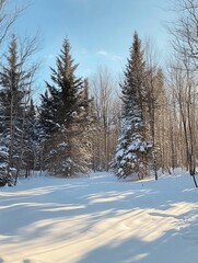 Snow Covered Winter Forest Trees Under Blue Sky