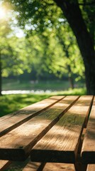 Natural Wood Table Surrounded by Lush Green Trees in Park