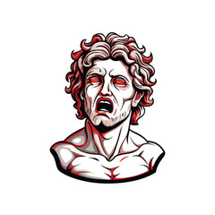Generate a vector rendering of the Hellenistic Dying Gaul statue, focusing on the head and shoulders, with a dramatic red and white color scheme, showcasing the anguish and agony of the sculpture.