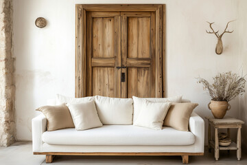 white couch with brown pillows sits in front of a wooden door. The room has a rustic, cozy feel with a large antler head mounted on the wall