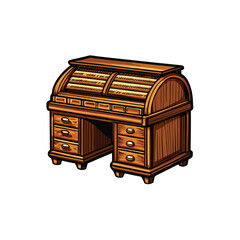 A vintage wooden roll-top desk with multiple small drawers.
