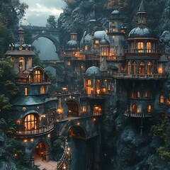 Magical Rocky Hills with Illuminated Fantasy Houses photo