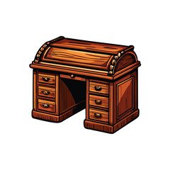 An illustration of a vintage roll-top desk with multiple small drawers.
