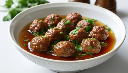 Lion Head Meatballs in Broth with Chives and Fresh Parsley on White Table Setting