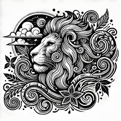 mandala lion design tattoo Outline vector logo illustration t-shirt design, isolated on white background.