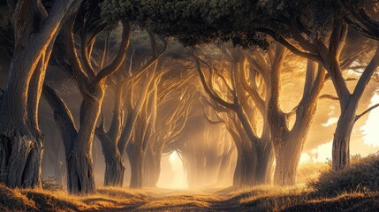 Enchanting misty forest with towering trees and soft sunlight filtering through