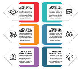 6 steps infographic template with 6 options. Flowchart that can be used for business report, data visualization and presentation. Timeline infographic elements vector illustration.