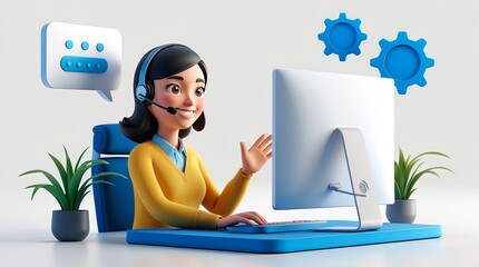 Friendly 3D Cartoon Customer Service Agent at Computer