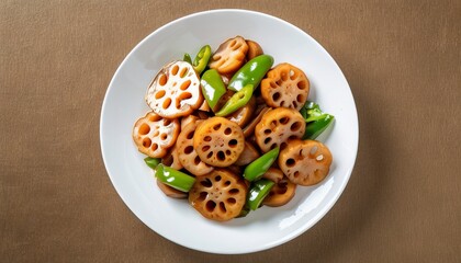 Stir Fry Lotus Root with Green Peppers on a Elegant Plate Over Brown Background