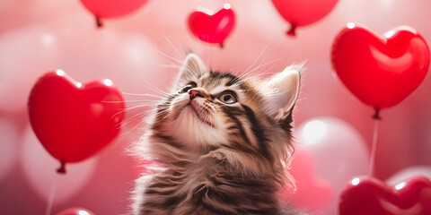 Adorable kitten gazing up at floating heart balloons with soft red Valentine tones