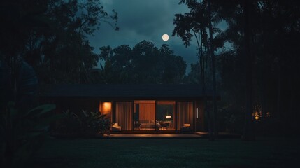 Nocturnal Serenity: A Modern House Illuminated by Moonlight in a Lush Forest