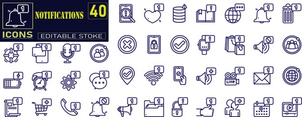 Notification bell icon set. Alarm symbol. Incoming message symbol.  Golden bell shakes to alert you. Editable Stroke