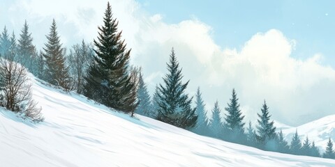 Fototapeta premium Snowy Mountain Slope with Evergreen Trees