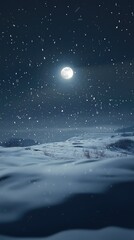 Serene Winter Landscape Under Moonlight with Falling Snowflakes