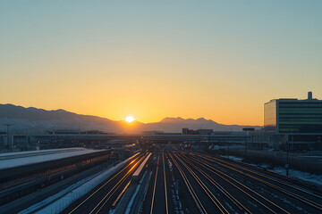 Fototapeta premium sunrise over the railway tracks leading to the airport