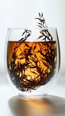 Artistic Composition of Tea in a Clear Glass with Leaves Floating