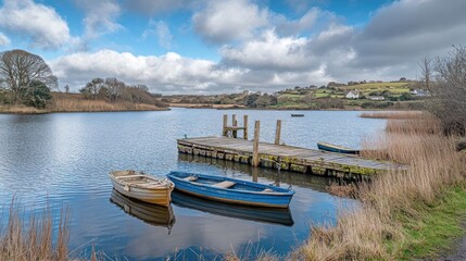 Naklejka premium Tranquil Lakeside Scene with Boats Docked at a Wooden Pier